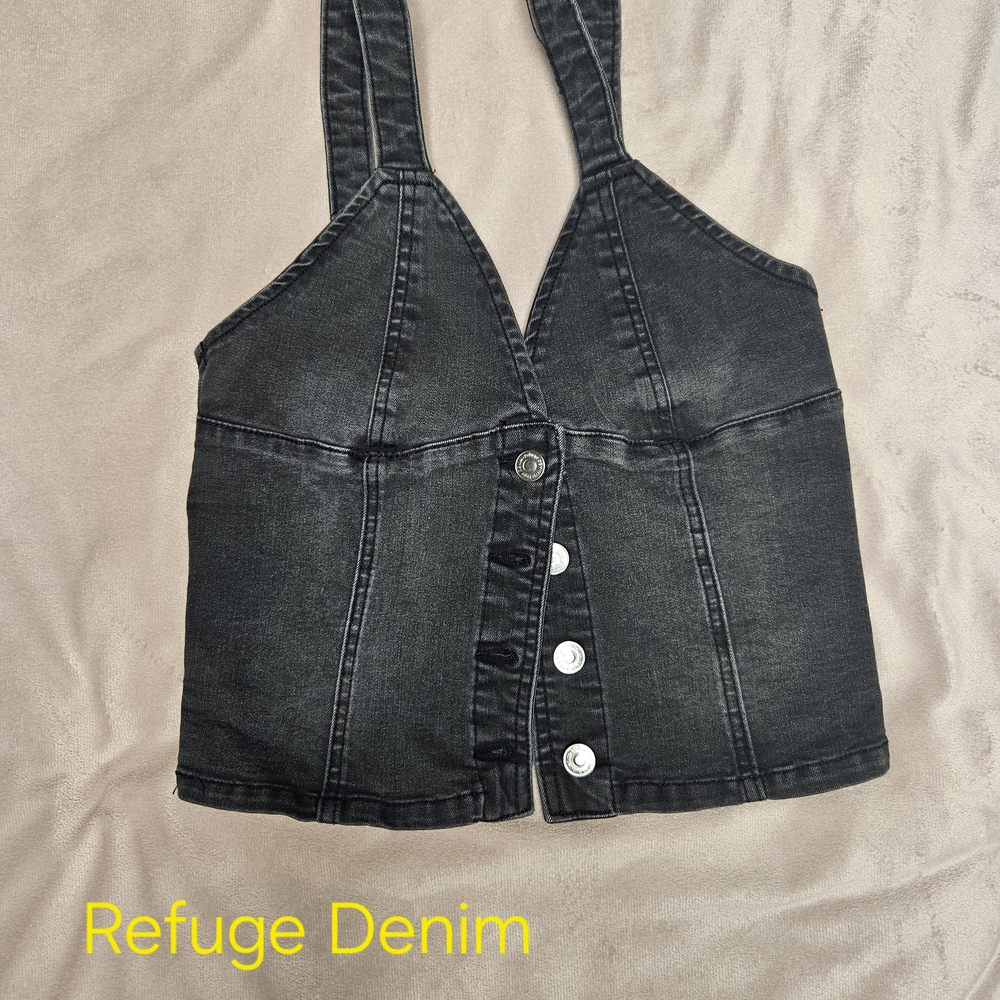 Refuge Washed Black Denim Button-Front Crop Top